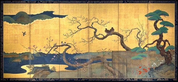 Un paravent pliant à six panneaux de lécole Kan, Antiquités & Art, Antiquités | Autres Antiquités