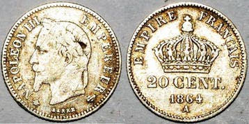 France Gadoury 308 20 Centimes 1864 A Paris Type Napoleon..., Verzenden, België