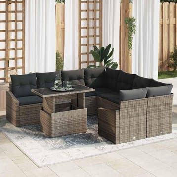 vidaXL Tuinbank Set met opslag 9 pcs Grijs Poly rattan, Verzenden