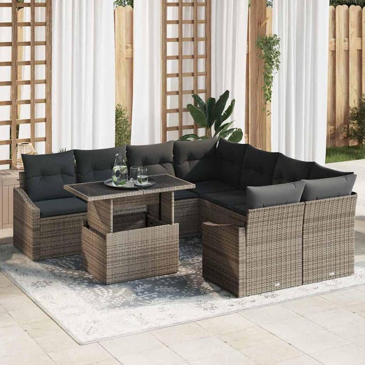 vidaXL Tuinbank Set met opslag 9 pcs Grijs Poly rattan, Jardin & Terrasse, Ensembles de jardin, Envoi