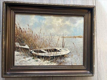 Tjerk Wielinga (1885 - 1957) - Sloep in Fries landschap met