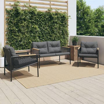 vidaXL 3-delige Balkonset met kussens staal zwart, Tuin en Terras, Verzenden, Nieuw