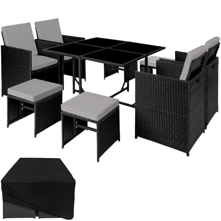 tectake Wicker zitgroep Bilbao 4+4+1 met beschermhoes - zwar, Tuin en Terras, Tuinsets en Loungesets, Verzenden