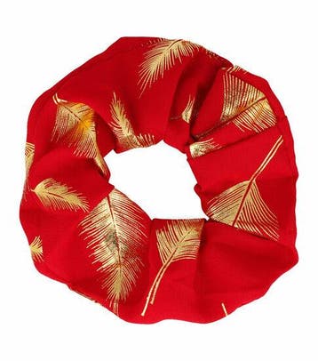 Haarelastiek Scrunchie – Verenprint – Gladde Stof – Rood, Nieuw