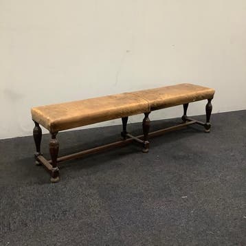 Antiek houten halbankje, (bxd) 176x36 cm, hout - leer, Bureau
