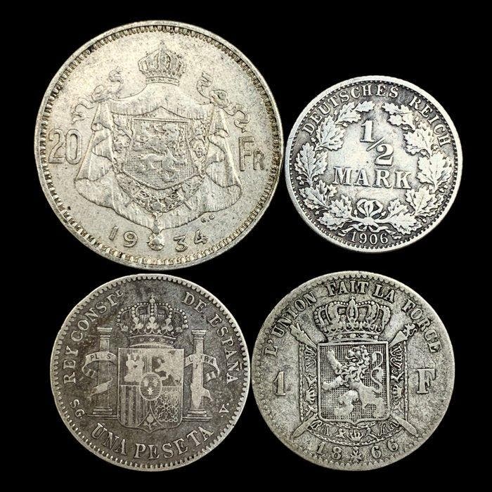 België, Spanje, Duitsland. 4 Silver Coins (1 Franc + 1x 20, Timbres & Monnaies, Monnaies | Europe | Monnaies non-euro