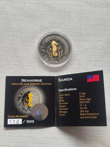 Samoa. 2 Tala 2018, 1 Oz Seahorse – Gold Black Empire