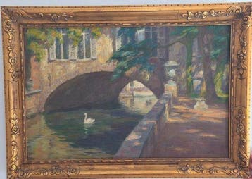 Edgard Farasyn (1858-1938) - View of Bruges with Swan, Antiek en Kunst