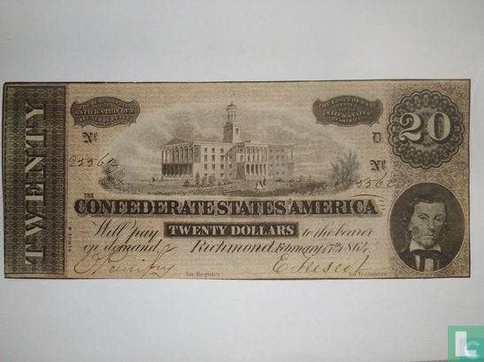 Confederate States of America  20 dollar  1864 - 1864, Postzegels en Munten, Bankbiljetten | Amerika, Los biljet, Verzenden