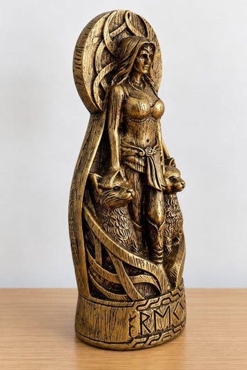 sculptuur, Norse Inspired Freya Figurine with Twin Animal