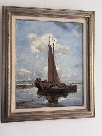 Frits Goosen (1943-) - Hollands riviergezicht met schip, Antiek en Kunst, Kunst | Schilderijen | Klassiek