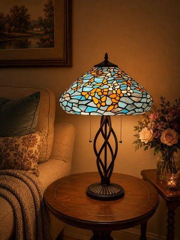 XXL Tiffany stijl tafellamp BLUE BUTTERFLY SCULPTURAL BASE