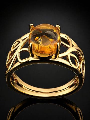 Bague en ambre miel naturelle - Argent 925 plaqué or -