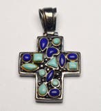 925 zilver - kruis - blauwe lapis lazuli en turkoois -, Antiek en Kunst