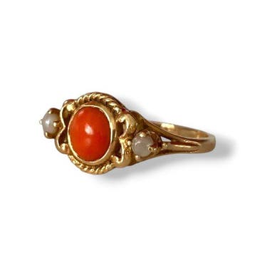 Ring - 14 karaat Geel goud Bloedkoraal - Parel, Nieuw
