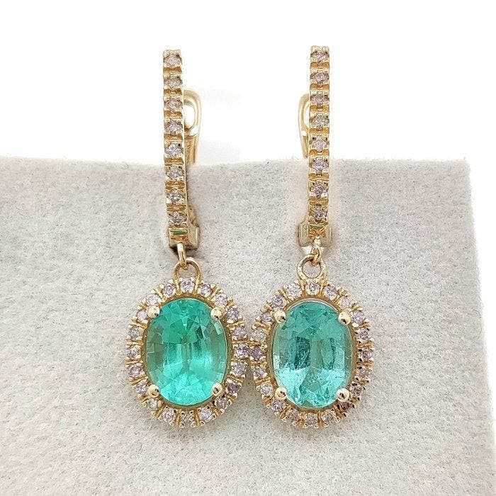 Oorbellen - 14 karaat Geel goud - 2.83ct. tw. Smaragd -, Handtassen en Accessoires, Oorbellen