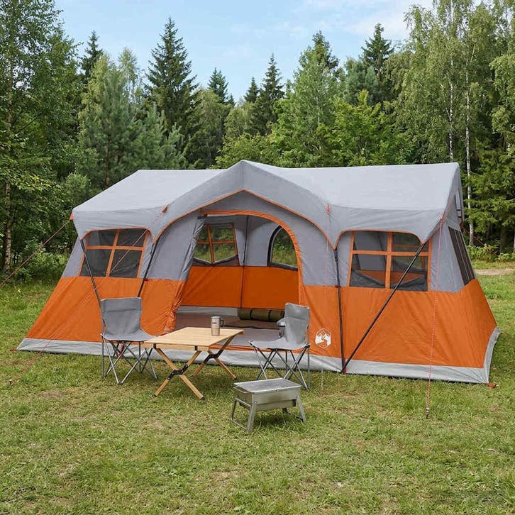 vidaXL Familietent met dak Grijs en Oranje 487 x 340 x 216, Caravanes & Camping, Tentes, Envoi