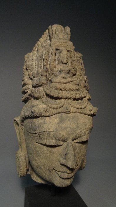 Période Gupta Pierre Tête d’un bodhisattva - 28 cm, Antiek en Kunst, Antiek | Overige Antiek