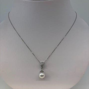 Halsketting - 18 karaat Witgoud Parel - Diamant