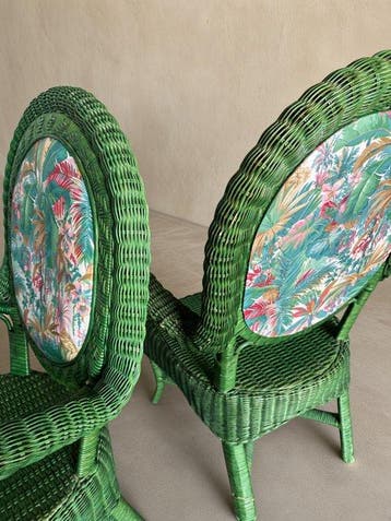 Fauteuil (2) - Een paar groen geschilderde rieten armstoelen, Nieuw