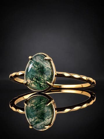 Bague en agate mousse - Argent 925 plaqué or - Bijoux
