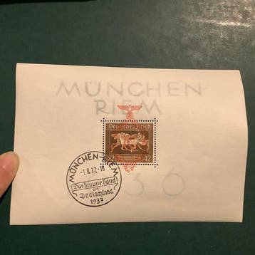 Duitse Rijk 1938 - Blok met bruine band met eerstedagstempel, Postzegels en Munten, Gestempeld