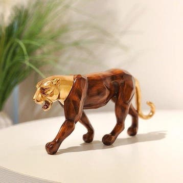 sculptuur, Golden Leopard Sculpture – Wood-Grain Finish