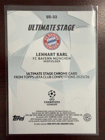 2025/26 Topps UEFA Champions League Lennart Karl /199 Carte, Nieuw