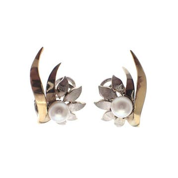 Vintage bicolor gouden oorclips met parel (Oorbellen), Handtassen en Accessoires, Oorbellen, Gebruikt, Ophalen of Verzenden, Met edelsteen