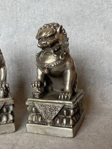 Beeld, Groot formaat paar foo dogs - 21 cm - Brons