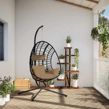 vidaXL Hangstoel met standaard rattan en staal taupe, Verzenden