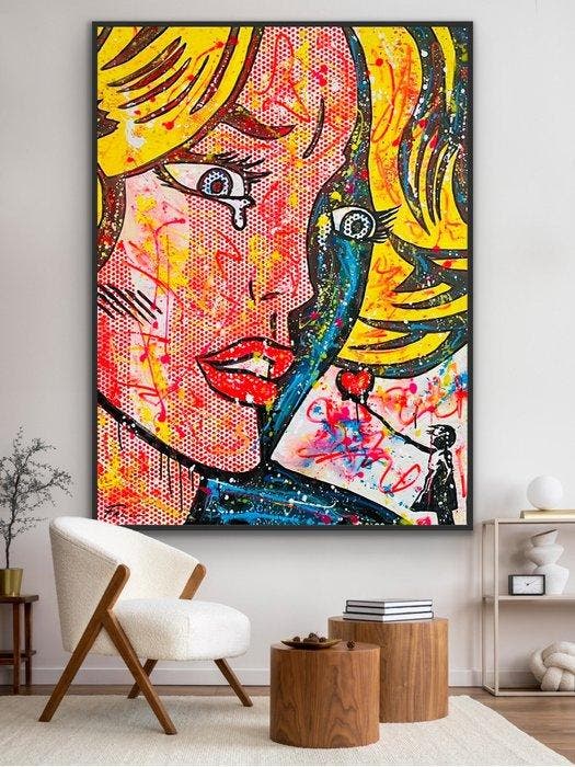 Joaquim Falco - LICHTENSTEIN WITH BANKSY GIRL XXL, Antiquités & Art, Art | Peinture | Moderne