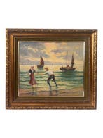 F. Bastida (XX) - Pescadores en la Orilla al Atardecer, Antiek en Kunst