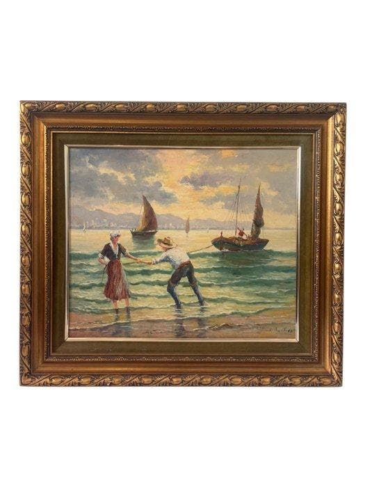 F. Bastida (XX) - Pescadores en la Orilla al Atardecer, Antiek en Kunst, Kunst | Schilderijen | Klassiek