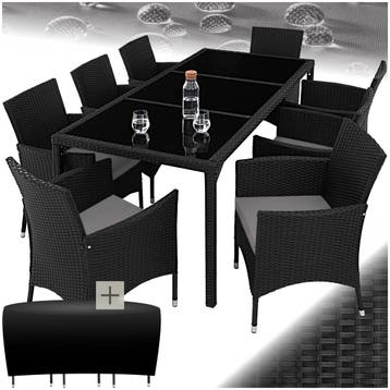 Wicker zitgroep 8+1 met beschermhoes - zwart / grijs, Verzenden, Nieuw