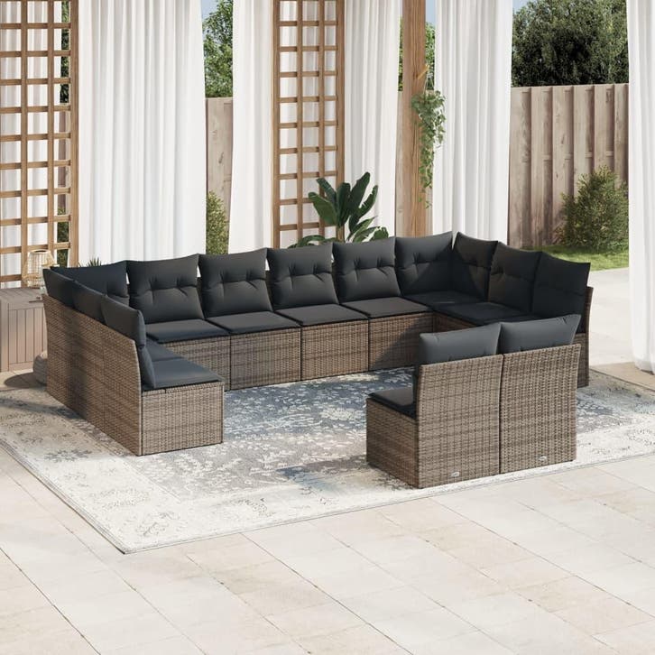 vidaXL 12-delige Loungeset met kussens poly rattan grijs, Jardin & Terrasse, Ensembles de jardin, Envoi