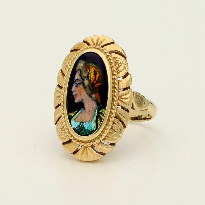Bague - 14 carats Or jaune - Email dart, Handtassen en Accessoires, Ringen