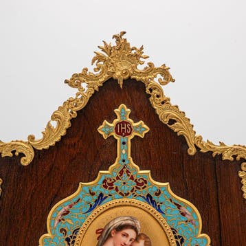 Cloisonné wijwaterbak met porseleinen plaquette Maria -