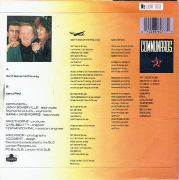 The Communards With Sarah Jane Morris - Dont Leave Me This, Verzenden, Gebruikt
