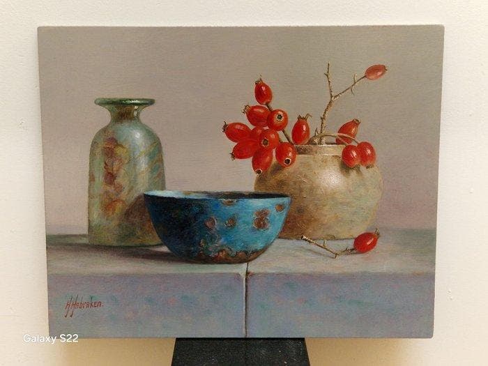 H. Habraken (1946) - Stilleven met rozebottels, Antiek en Kunst, Kunst | Schilderijen | Klassiek