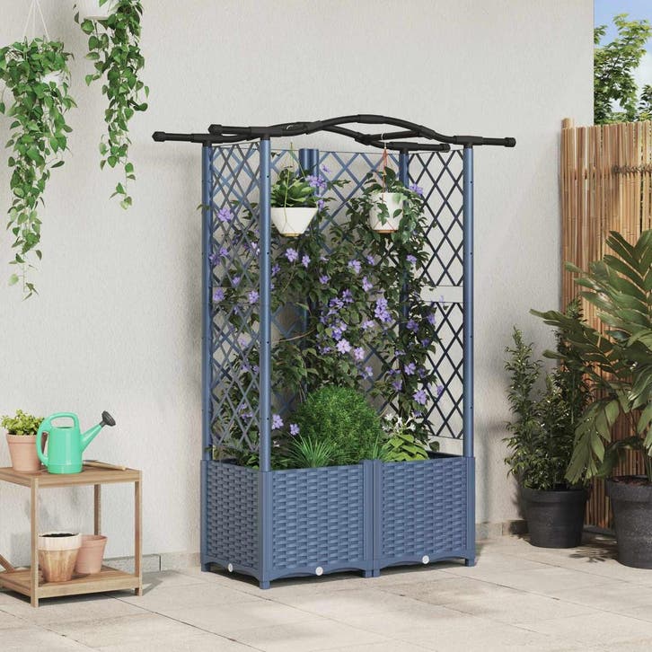 vidaXL Verhoogd Bed met Trellis en Dak Grijs 122 x 40 x 141, Jardin & Terrasse, Pots de fleurs, Envoi