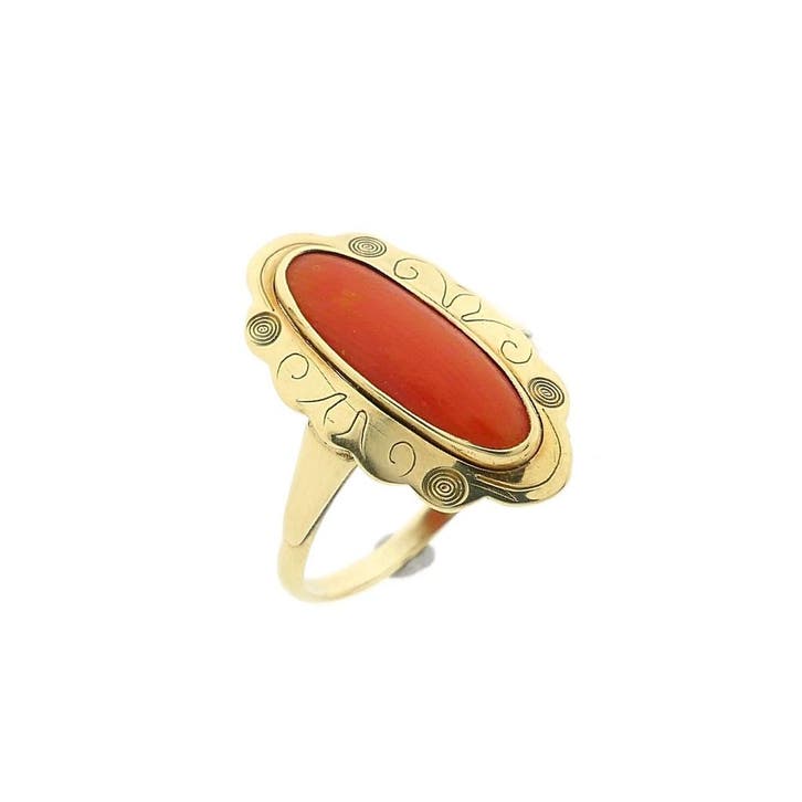 Vintage gouden ring met bloedkoraal, Handtassen en Accessoires, Ringen, Dame, Met edelsteen, Goud, 17 tot 18, Gebruikt, Goud, Ophalen of Verzenden