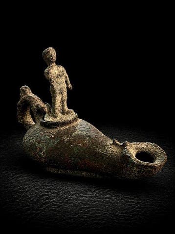 Oud-Romeins, Keizerrijk Brons Bronzen olielamp met deksel in