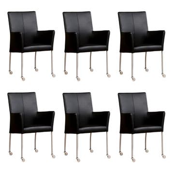 Set van 6 Leren eetkamerstoelen Comfort met wieltjes en, Huis en Inrichting, Ophalen of Verzenden, Nieuw, Leer, Eén