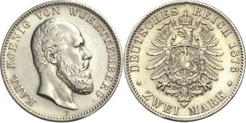 2 Mark 1876 Wuerttemberg Karl 1864-1891, Postzegels en Munten, Verzenden, België
