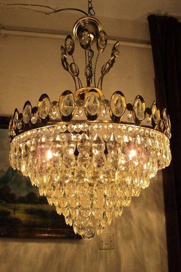Lustre - Laiton doré - Lampe en cristal antique