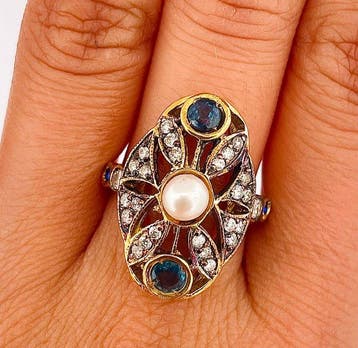 Zonder minimumprijs - Ring - 9 kt. Geel goud, Zilver Parel -