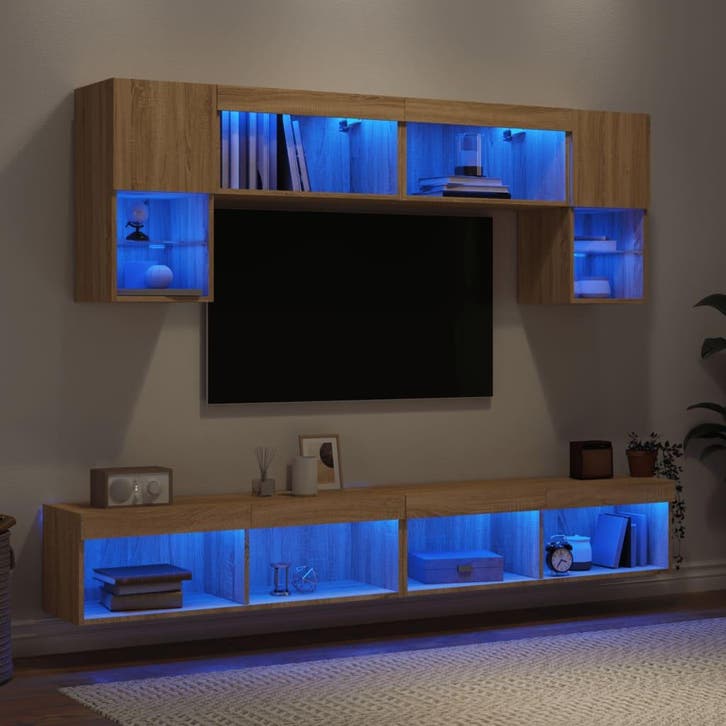 vidaXL 6-delige Tv-wandmeubelset met LED bewerkt hout sonoma, Maison & Meubles, Armoires | Mobilier de télévision, Envoi