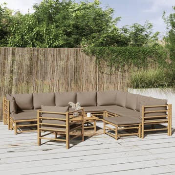 vidaXL 12-delige Loungeset met kussens bamboe taupe, Verzenden, Loungeset