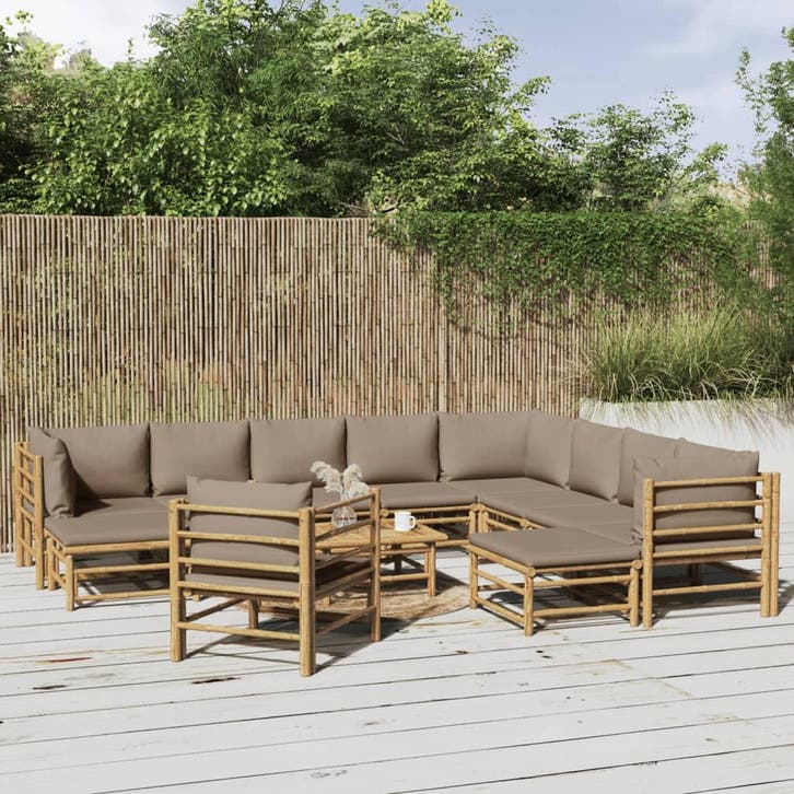 vidaXL 12-delige Loungeset met kussens bamboe taupe, Jardin & Terrasse, Ensembles de jardin, Envoi